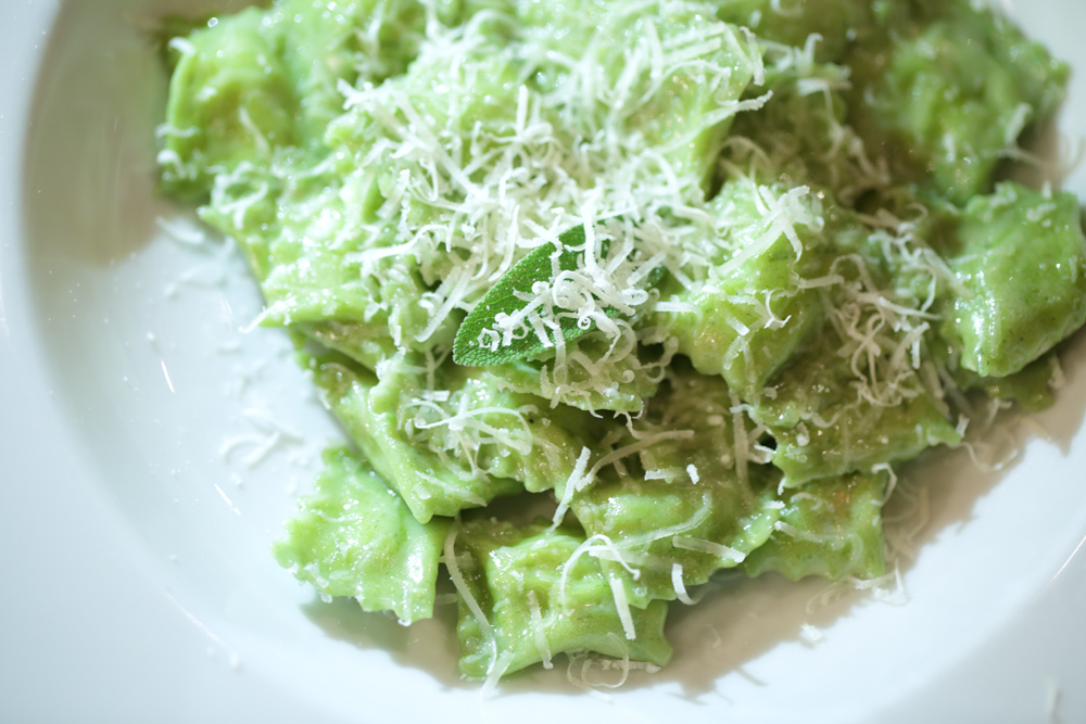 nettle ravioli with porri di cervere