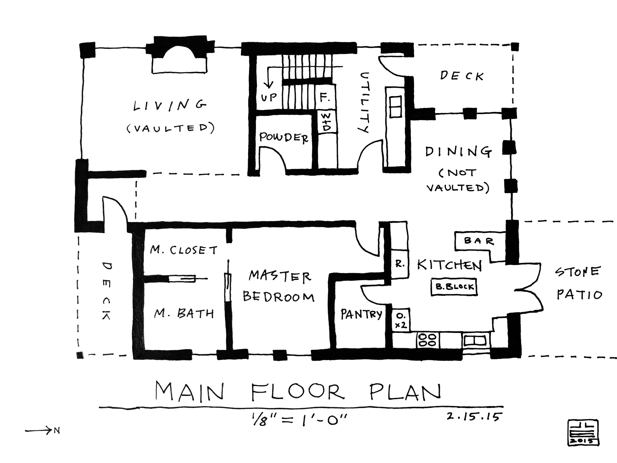 I traced over the architect's sketch so we could make direct comparisons. KEY: F = furnace W+D = washer and dryer (stacked) R = refrigerator O. x2 = double oven B. Block = butcher block