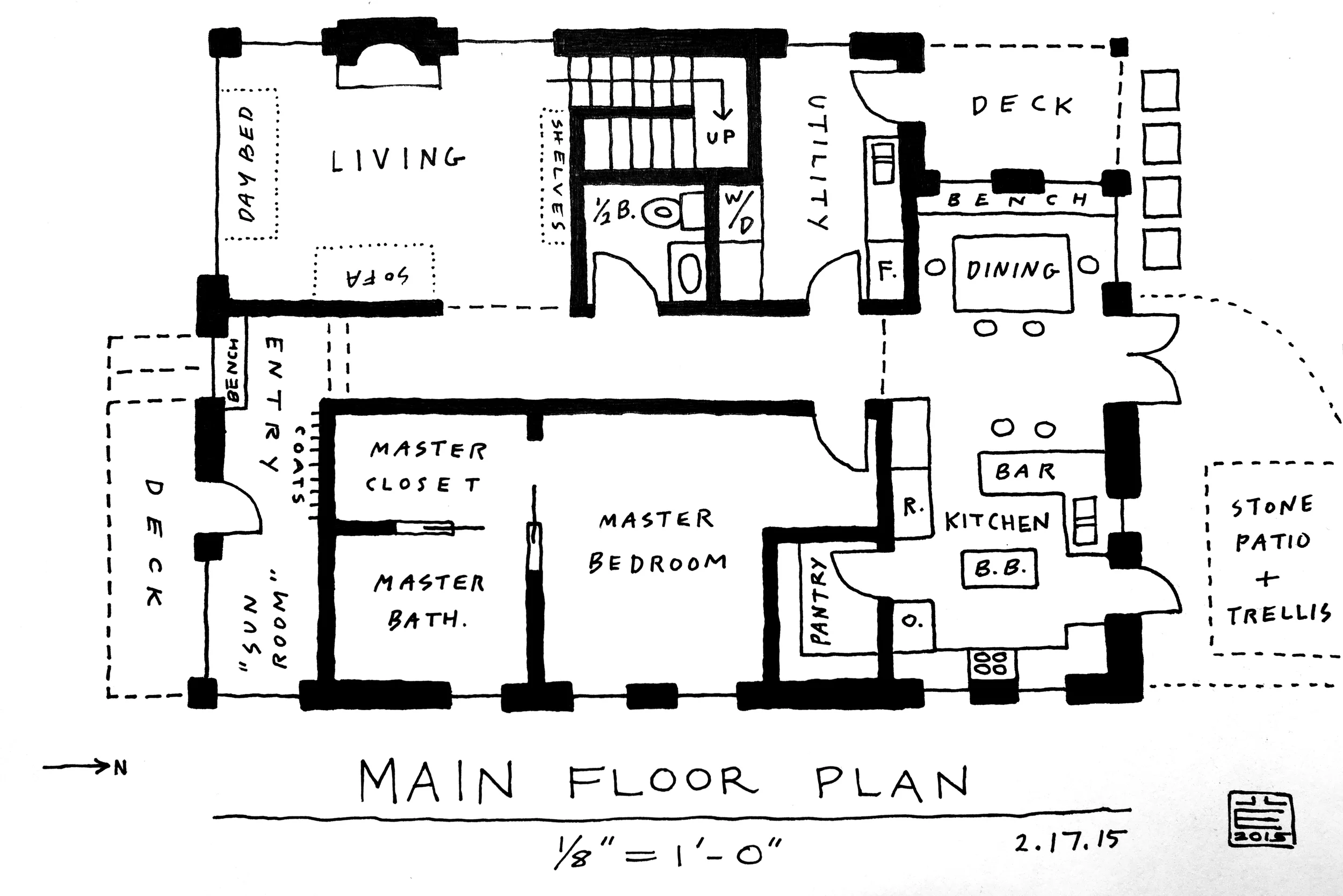 Changes: 1. Foyer and sun-room have been consolidated into one open space; main entry has been shifted east, to about 2/3 of the width of the structure. 2. Double doors previously in the kitchen have been re-located to the dining area. This adds counter space in the kitchen and re-directs foot traffic from the 'work zone' to the 'entertaining zone'. Tentatively: kitchen access to the back patio is retained with a single door (this may or may not survive, come construction). 3. Dining area and foyer each gain a built-in bench. 4. Central hallway has been narrowed 6 - 12" in the interest of keeping a tidy footprint.