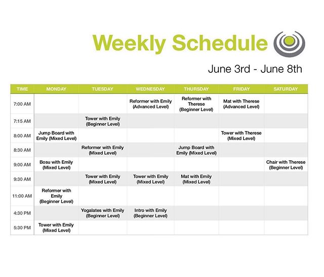 Next weeks schedule! Don&rsquo;t forget to pick up your bring a friend to Pilates VIP passes!!!!!! It starts next week so let us know if you are bringing a friend before all the classes fill up! They don&rsquo;t have to be in the same class as you! #
