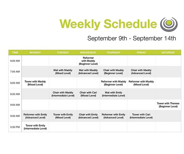 Schedule for next week! Get spots while they are still open! Also let us know if you are interested in private sessions! Everyone always needs a one on one refresher! #birminghamfit #bhampilates #corestrongbham #birminghampilates