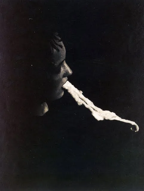 The medium Stanislawa P: emission and resorption of an ectoplasmic substance through the mouth . Albert von Schrenck-Notzing, s ilver gelatin print, 1913.