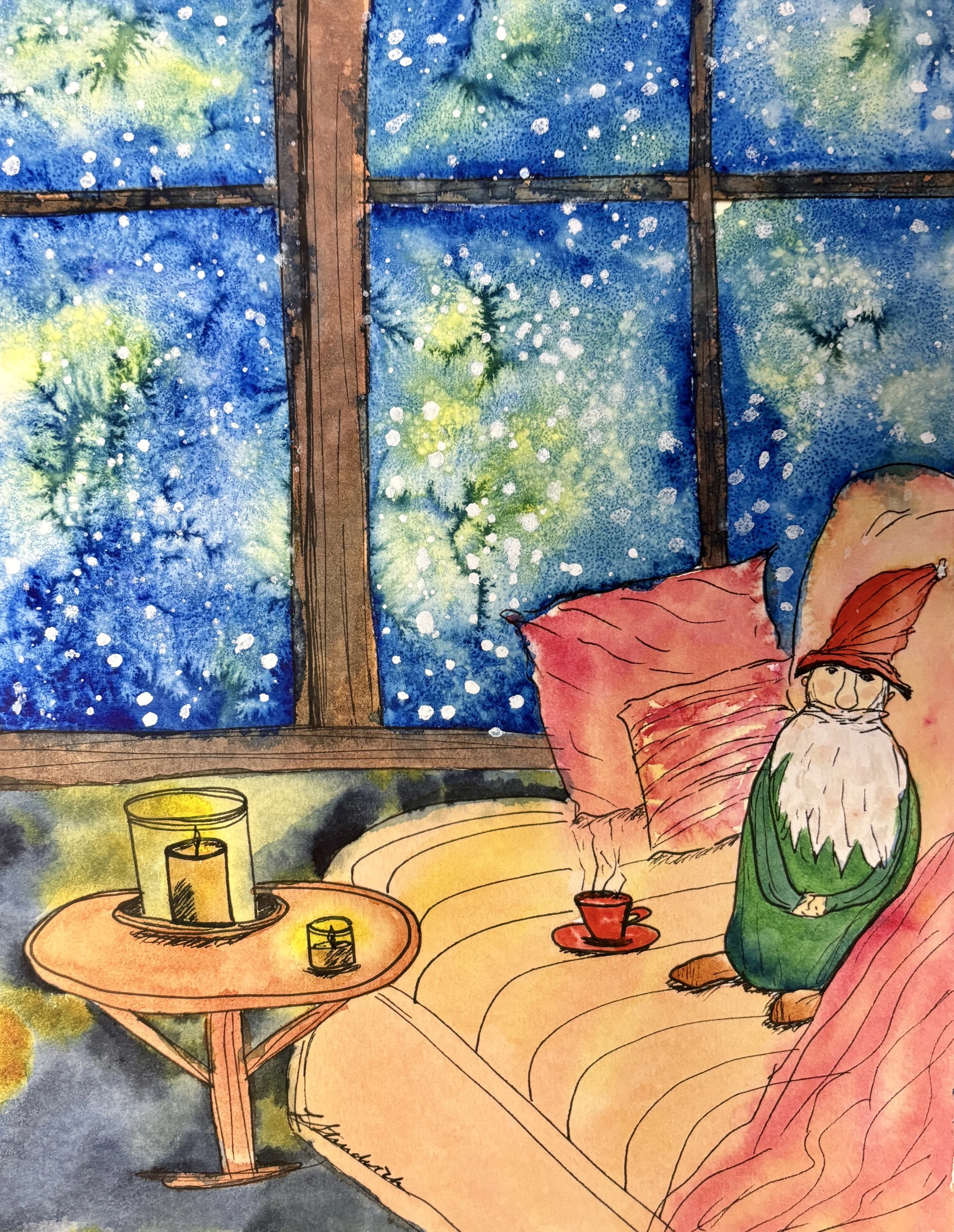 Cozy living room with gnome resting on couch and dramatic night sky out the window