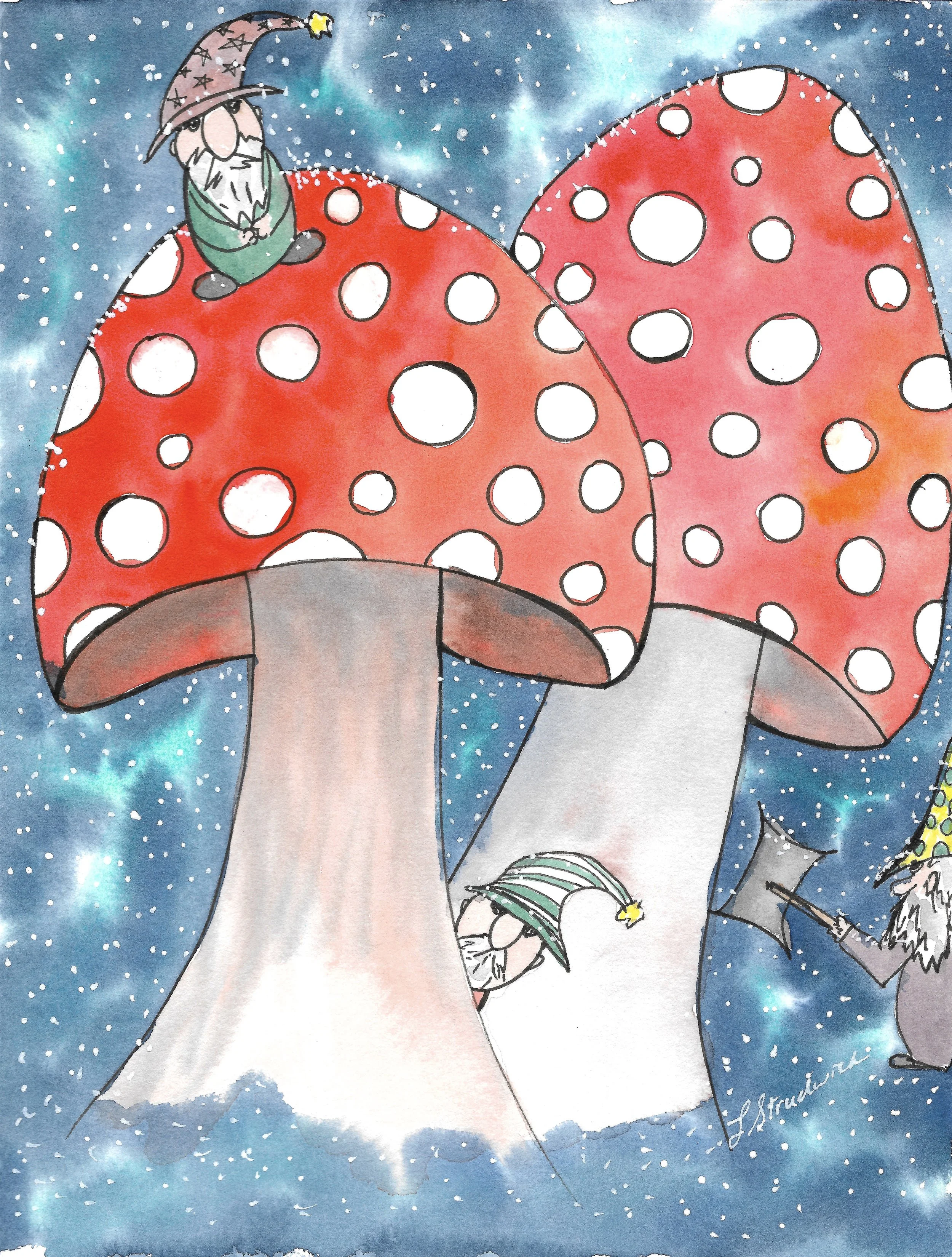 Red and white spotted mushrooms with three small gnomes