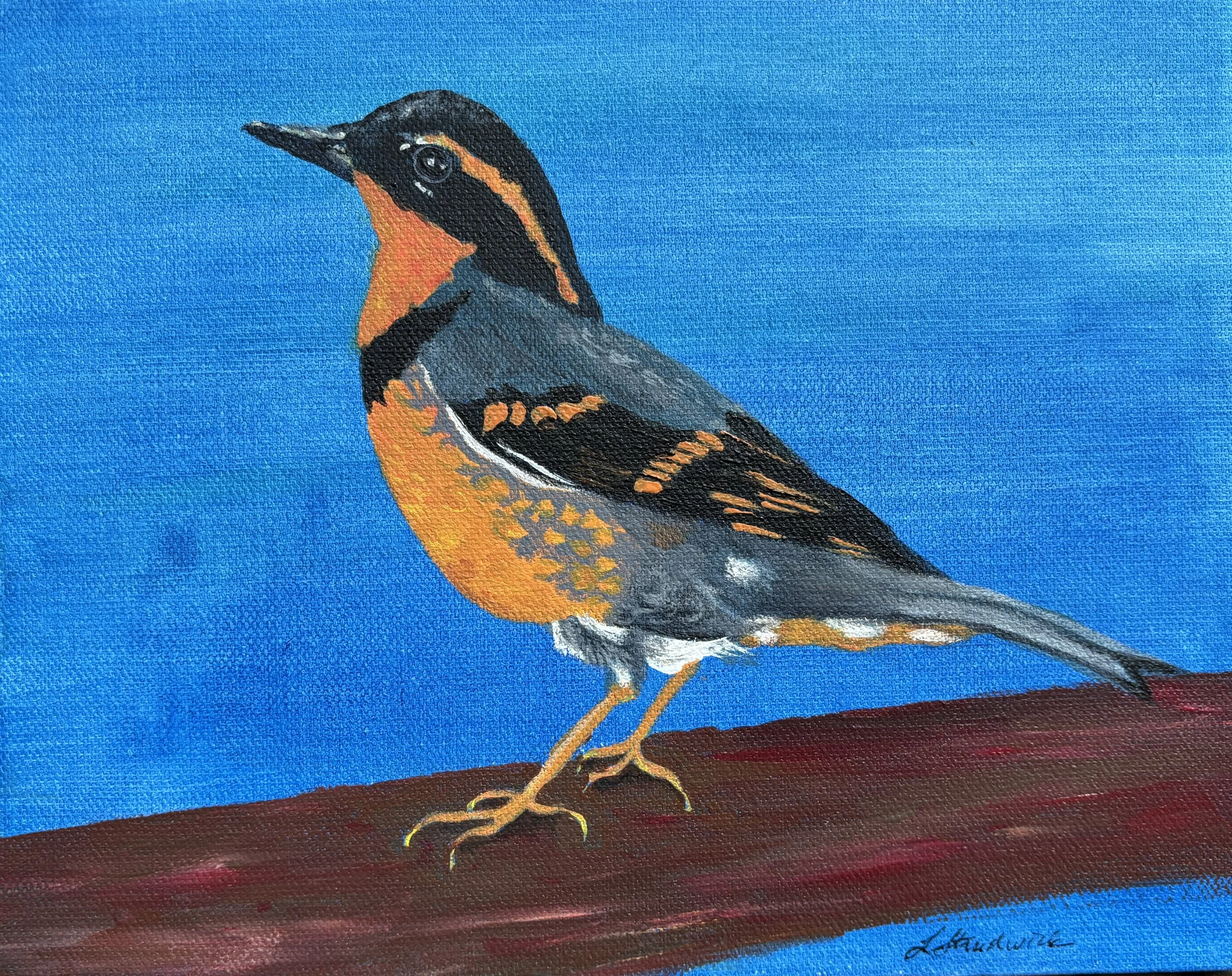 A varied thrush standing on a log with a blue background.
