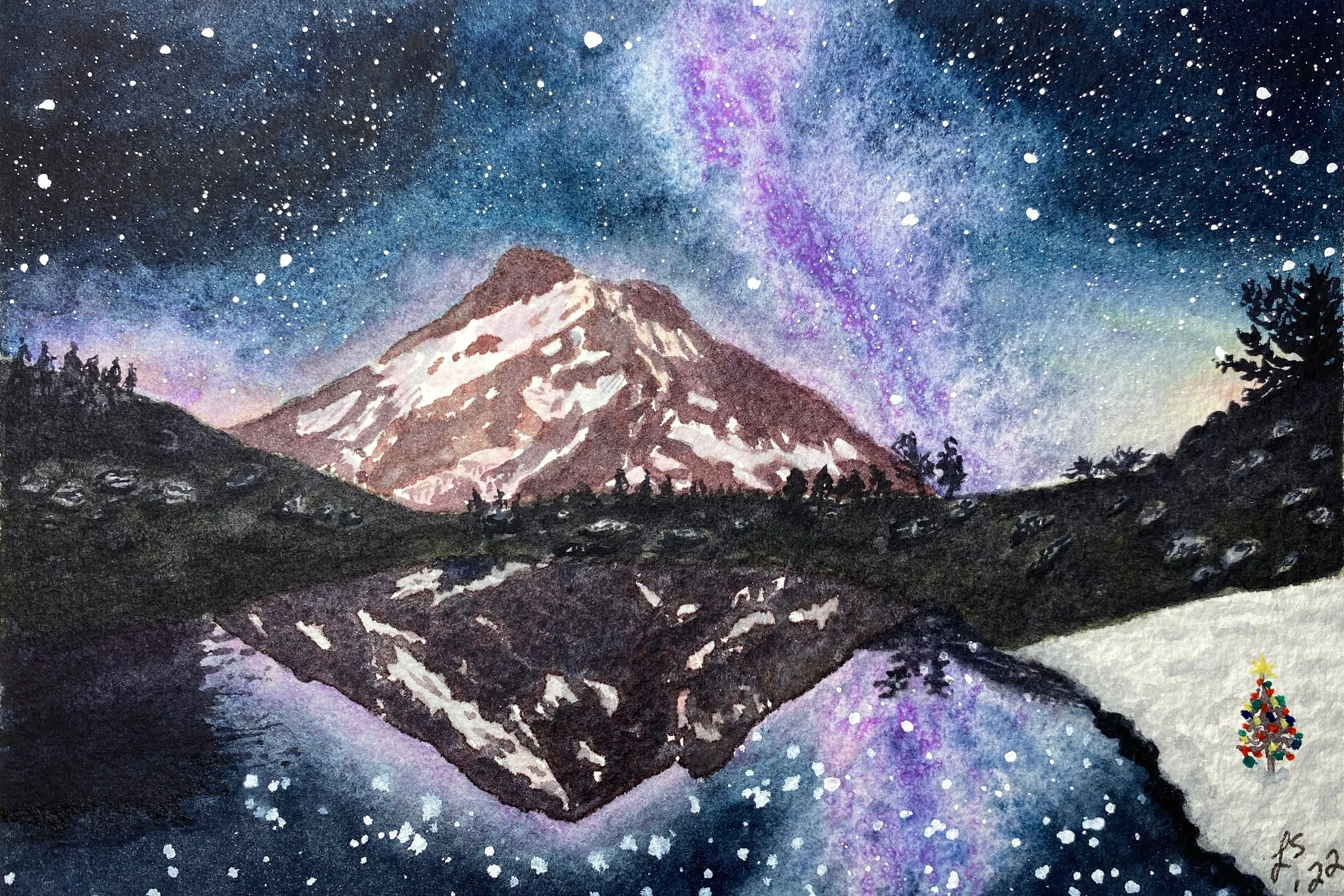 Mt. Hood reflected in Trillium Lake with Milky Way in night sky