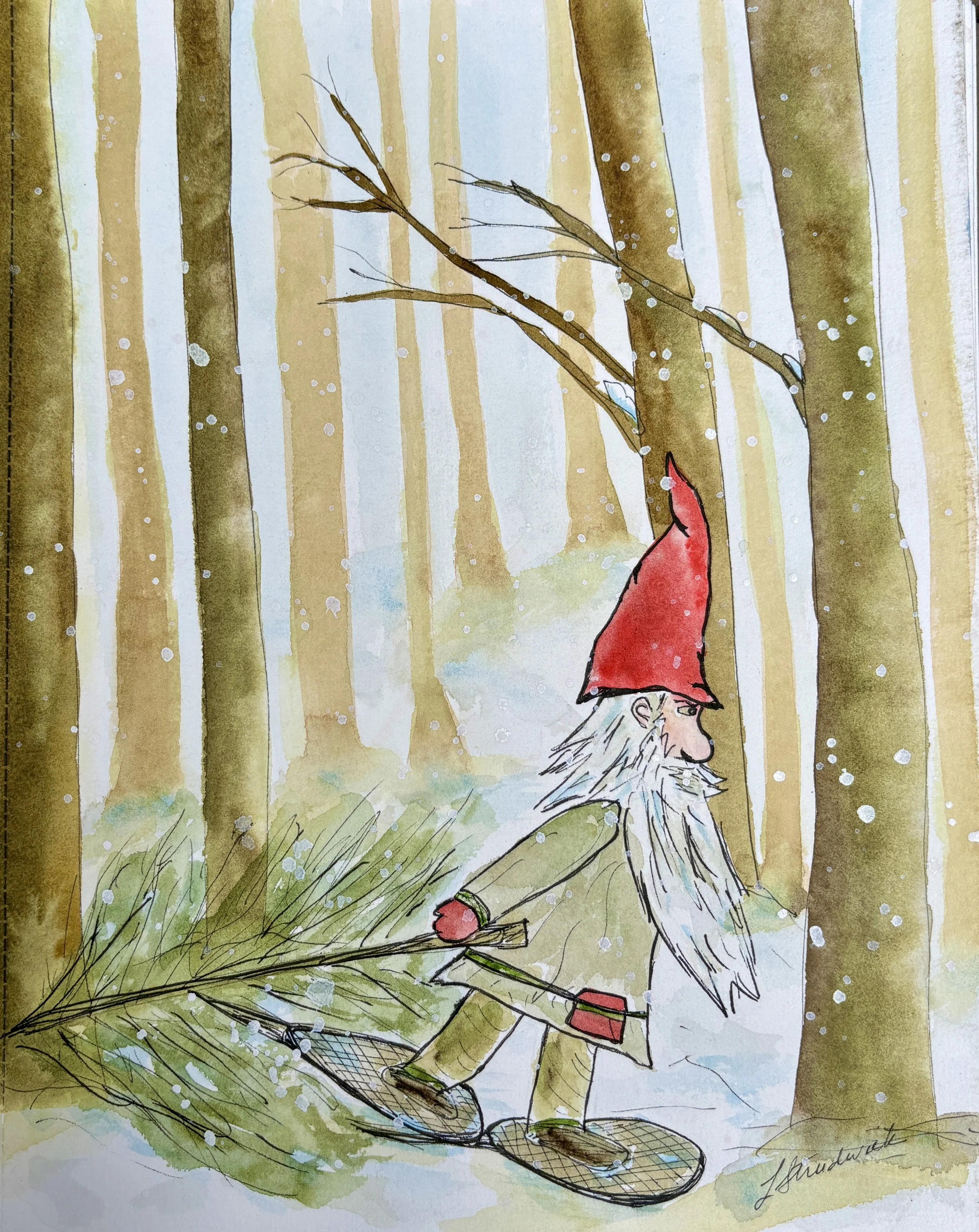 Gnome woodcutter dragging cut-down fir tree through the forest