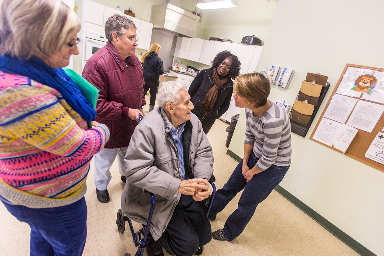  From left, Kim's DDS caseworker Cheryl Lebeuf, Kris, Rollin, and &nbsp;Seven Hills Residence Director Freda Archeval, meet with Venture Community Services Day Program Director Elizabeth Bond, as they tour the Venture Community Services facility in F