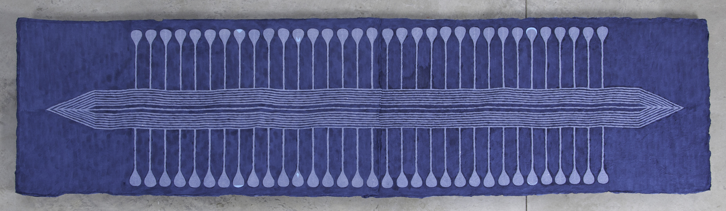   Longboat , 2014  Leather dye and acrylic on handmade paper, 120 x 40 inches 