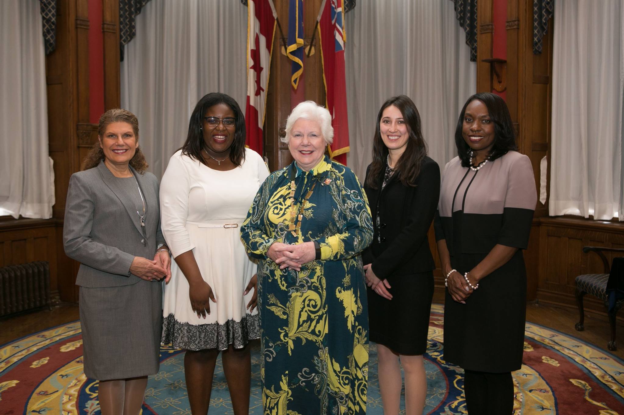 Honourable Laura Albanese, Minister of Citizenship and Immigration, Tia John - Student Recipient, Her Honour the Honourable Elizabeth Dowdeswell, Alexis Spieldenner (Co-Founder of Bravo Niagara!), and Honourable Mitzie Hunter, Minister of Education.