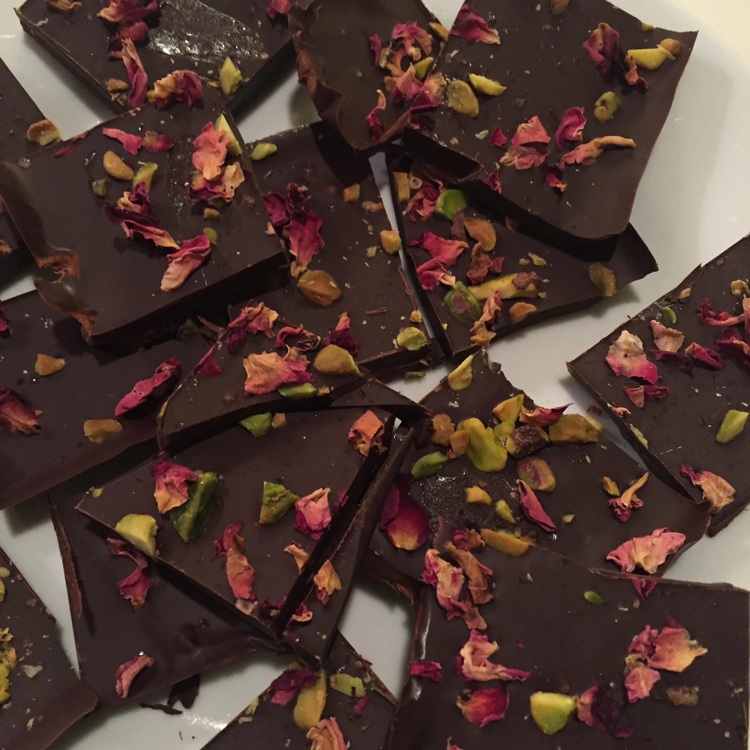 Easy 4-Ingredient Rose Petal + Pistachio Chocolate Bark