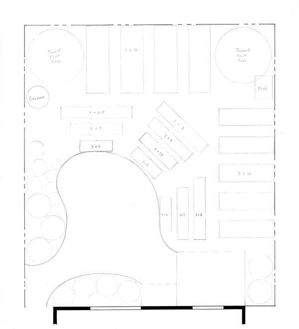 First rough draft with a limited vision. Notice the poorly shaped bed lines, custom size raised beds (expensive!), and awkward layout.