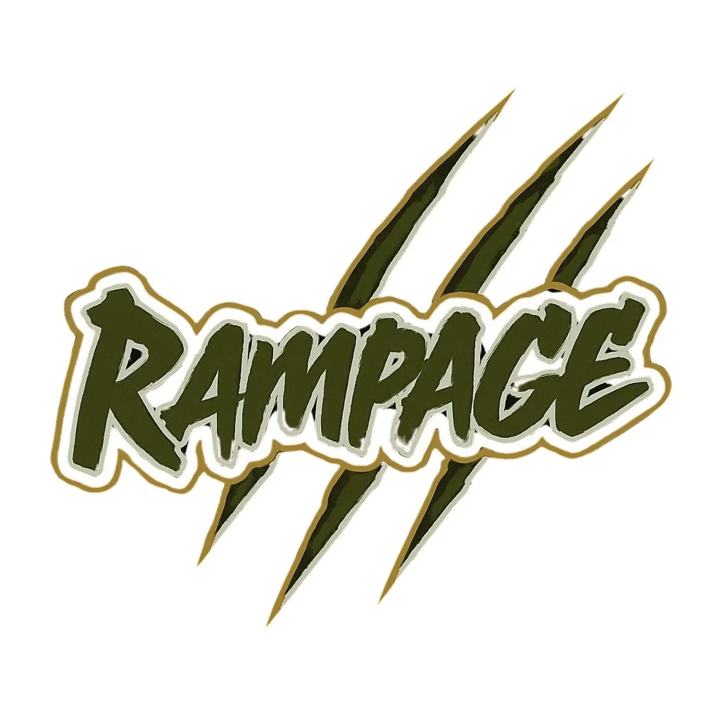 The word "Rampage" in bold green letters with a white outline, overlaid on three black and gold claw marks.