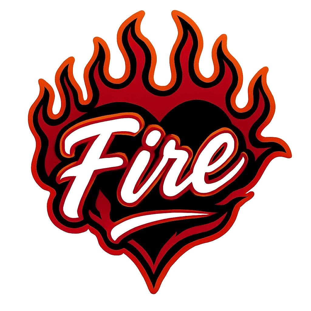 A fiery heart with flames around it and the word "Fire" written inside.