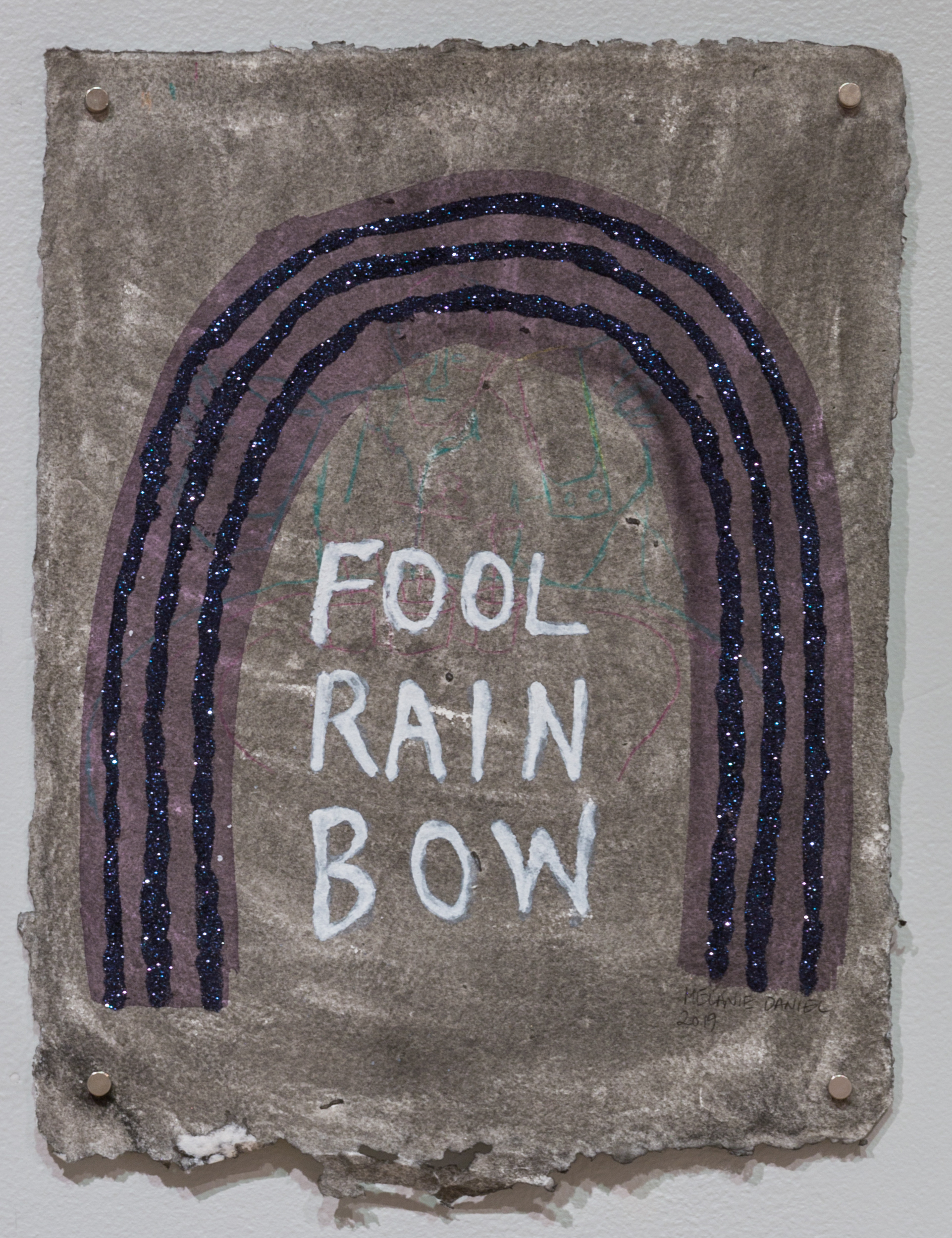 Fool Rainbow, 2019, ink and glitter on handmade paper, 15 X 11 inches