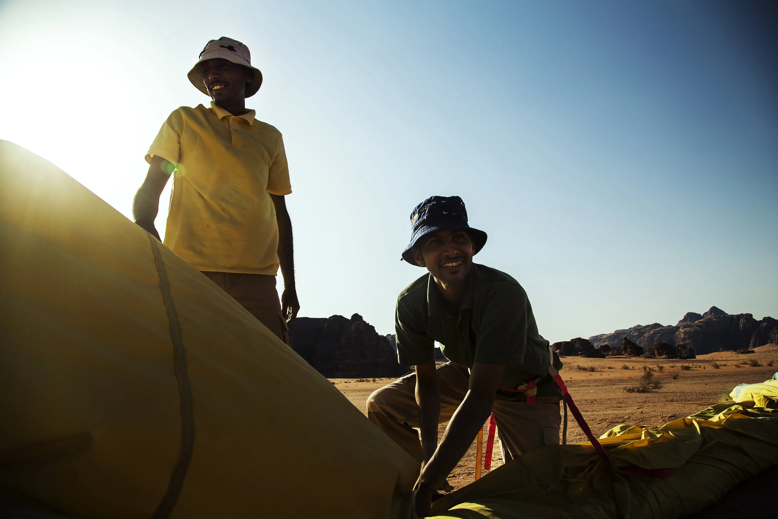 Tying down hot air balloon, Wadi Rum