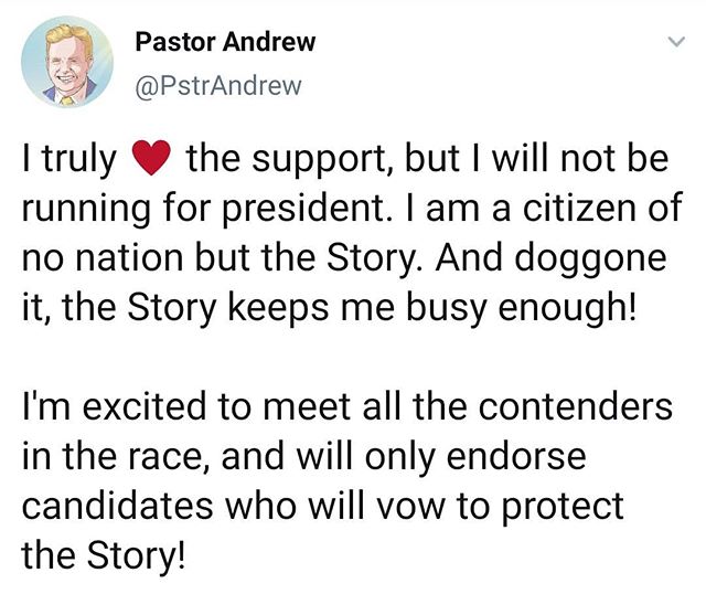 Story first, politics...never! The only politics are the Story! Thank you, Pastor Andrew!!!