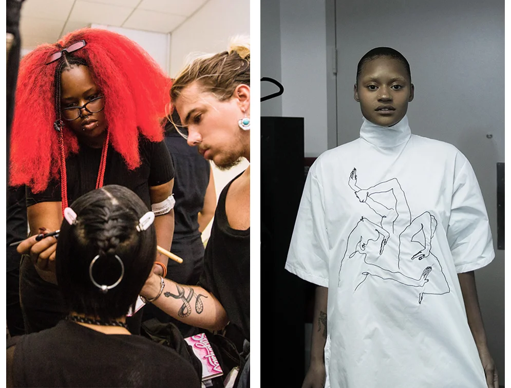 Left: Makeup artists Raisa Flowers and Slater Stanle y Right: model Charisma Glasper giving a sneak peak of our new embroidered design 