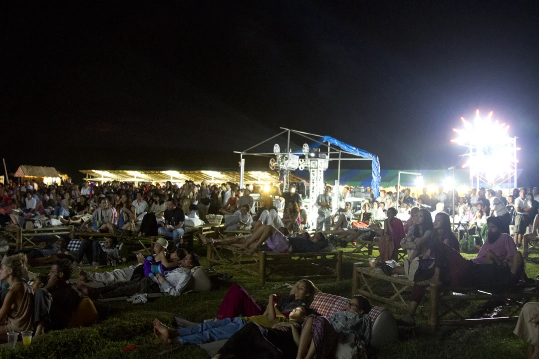 Screening in the rice paddies at a carnival and outdoor cinema produced in collaboration with the local village of Yao Noi island. Photo: Doug Bruce