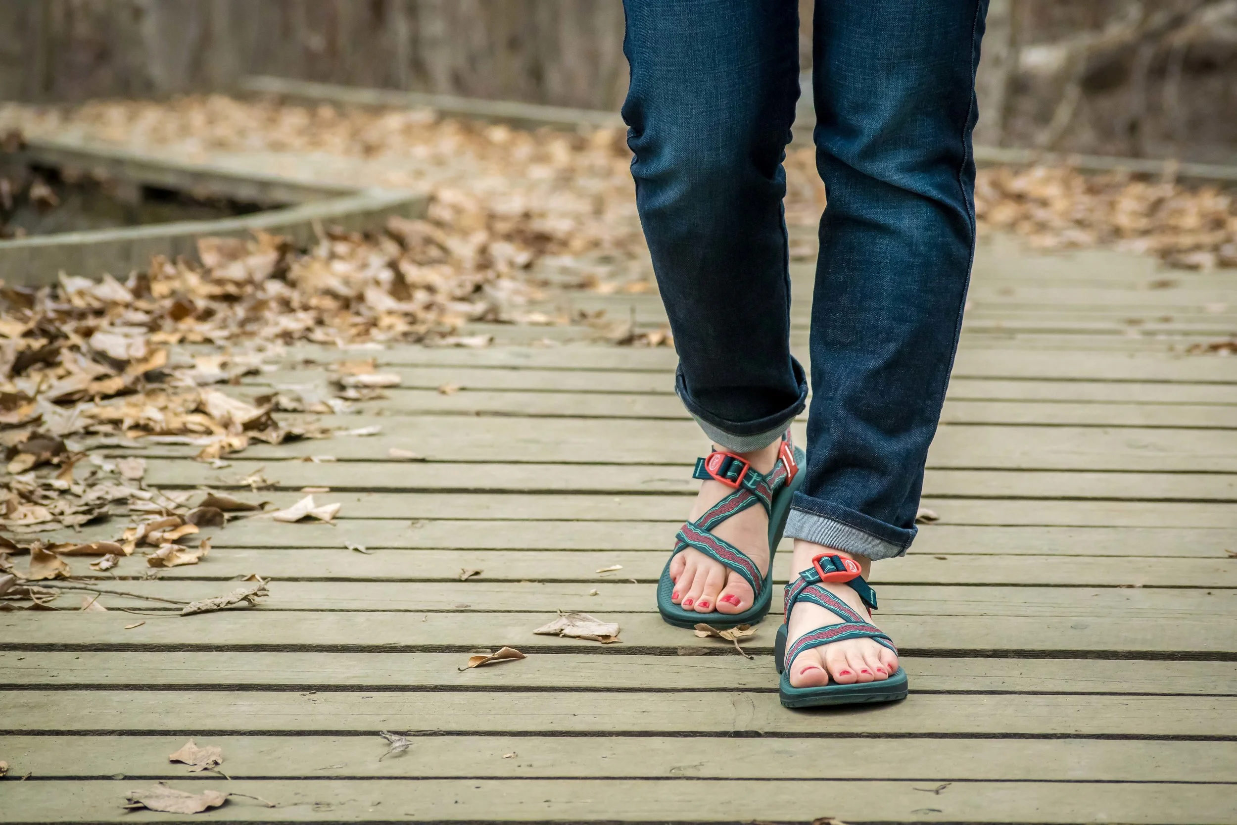 red and black chacos