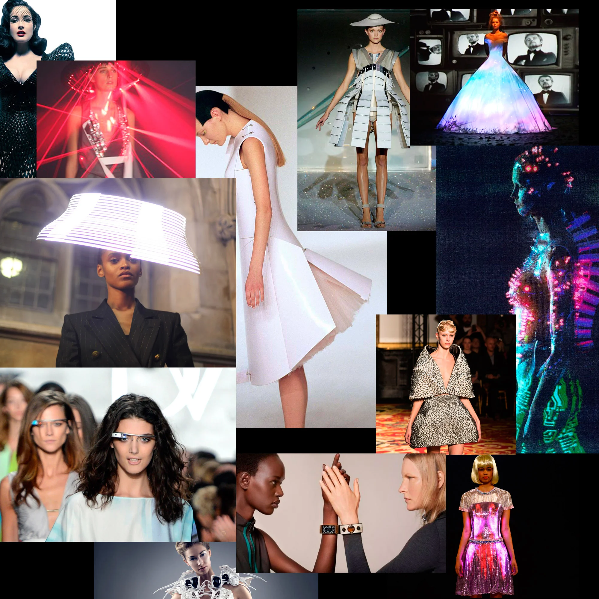 De gauche à droite et de bas en haut : robe 3D printée de Francis Bitonti pour Dita Von Teese (2013) ; Laser dress d’Hussein Chalayan (2008) et chapeau Virtual reality de Philip Treacy (2012), tous deux avec Moritz Waldemeyer ; Google Glass au défilé Diane Von Fürstenberg (2012) ; Spider dress d’Anouk Wipprecht (2015) ; Remote control dress d’Hussein Chalayan (2000) ; bracelet connecté MICA d’Opening Ceremony avec Intel (2014), robe en animatronique, collection One hundred and eleven d’Hussein Chalayan (2007) ; cape et jupe Anthozoa, collection Voltage d’Iris van Herpen (2013), robe CuteCircuit (2014), robe en mapping vidéo 3D de Franck Sorbier avec Intel (2012) et robe en LED d’Alexander McQueen pour Givenchy (1999).