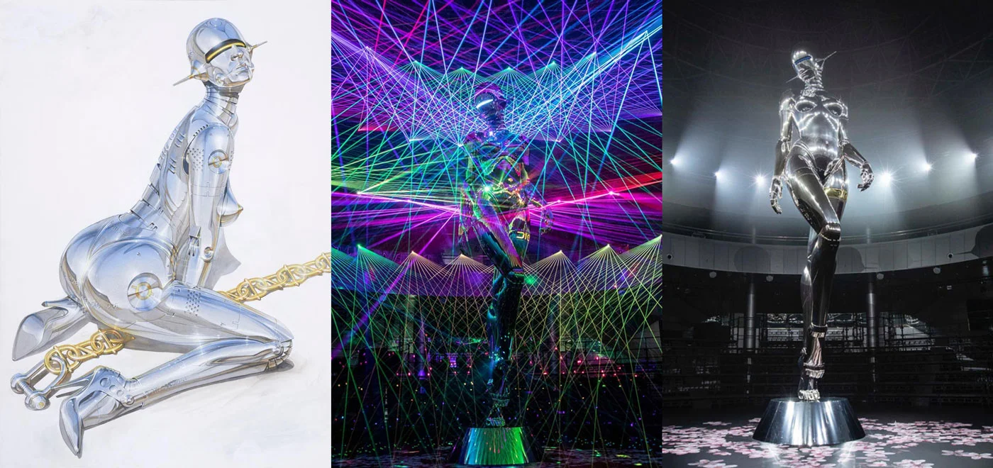 De gauche à droite, illustration d’Hajime Sorayama et deux visuels de son robot déesse géant, lors du défilé Dior Homme pre-fall 2019, à Tokyo, le 30 novembre 2018