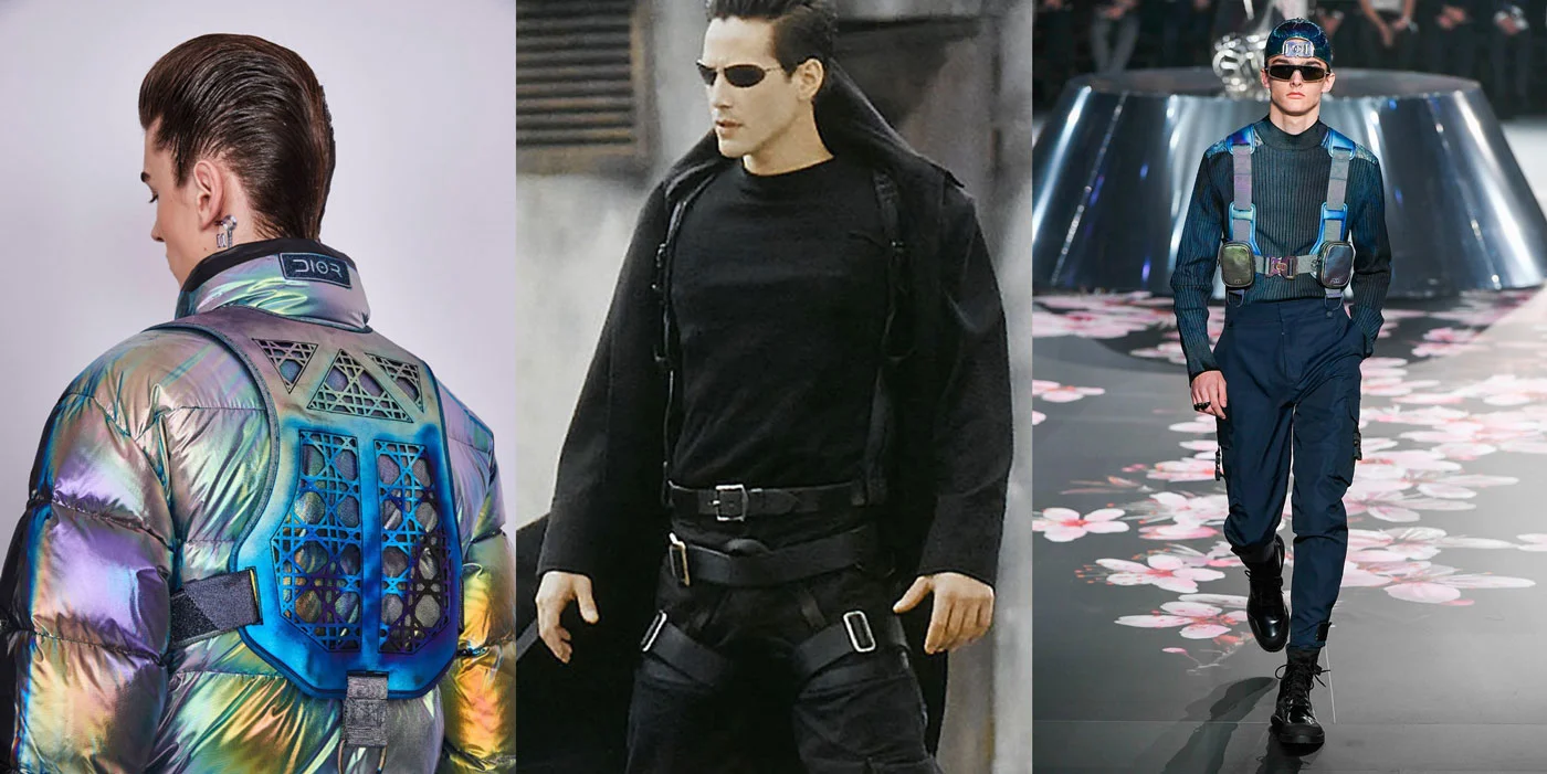 De gauche à droite, défilé Dior Homme pre-fall 2019, à Tokyo, le 30 novembre 2018 et au milieu, Keanu Reeves dans Matrix (1999)