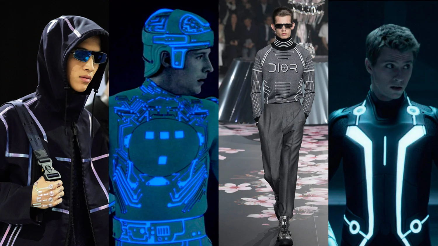 From left to right, alternately, Dior men’s pre-fall 2019 show, in Tokyo, November 30, 2018 ; Bruce Boxleitner (Tron, 1982) and Garrett Hedlund (Tron: Legacy, 2010)