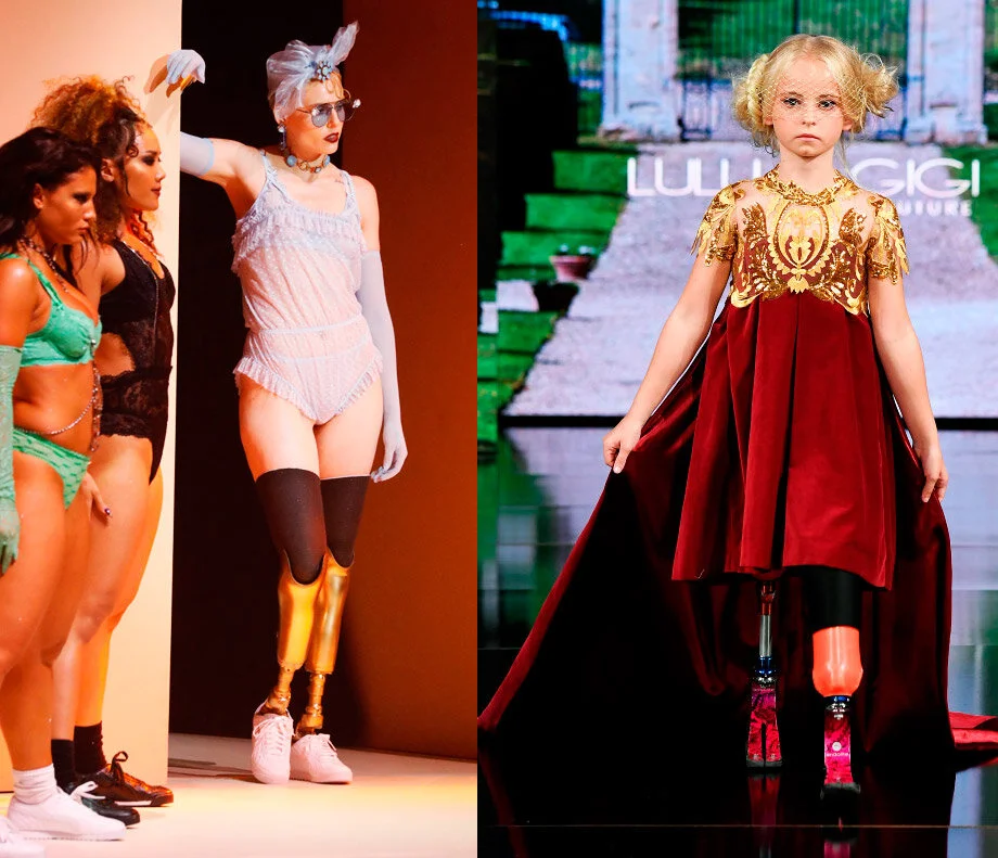 A gauche, le mannequin Lauren Wasser, au défilé Savage X Fenty by Rihanna, le 10 septembre, à NY et à droite, la fillette de 9 ans Daisy-May Demetre, lors du défilé Lulu and Gigi Couture, le 9 septembre 2019, à NY