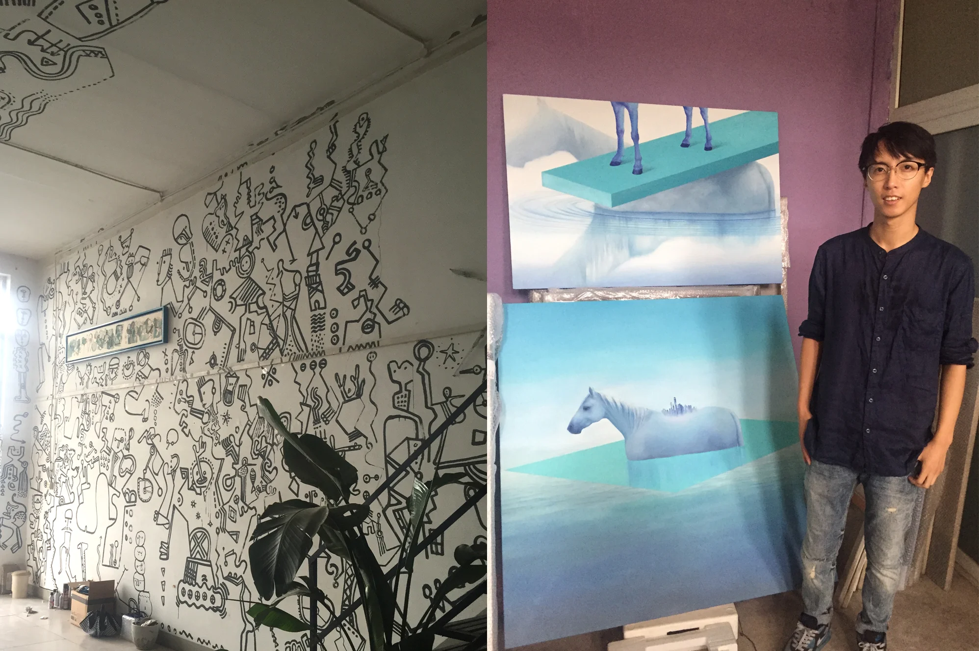 Artists studios in Songzhuang Art Village. Zhang Xin with his paintings on the right