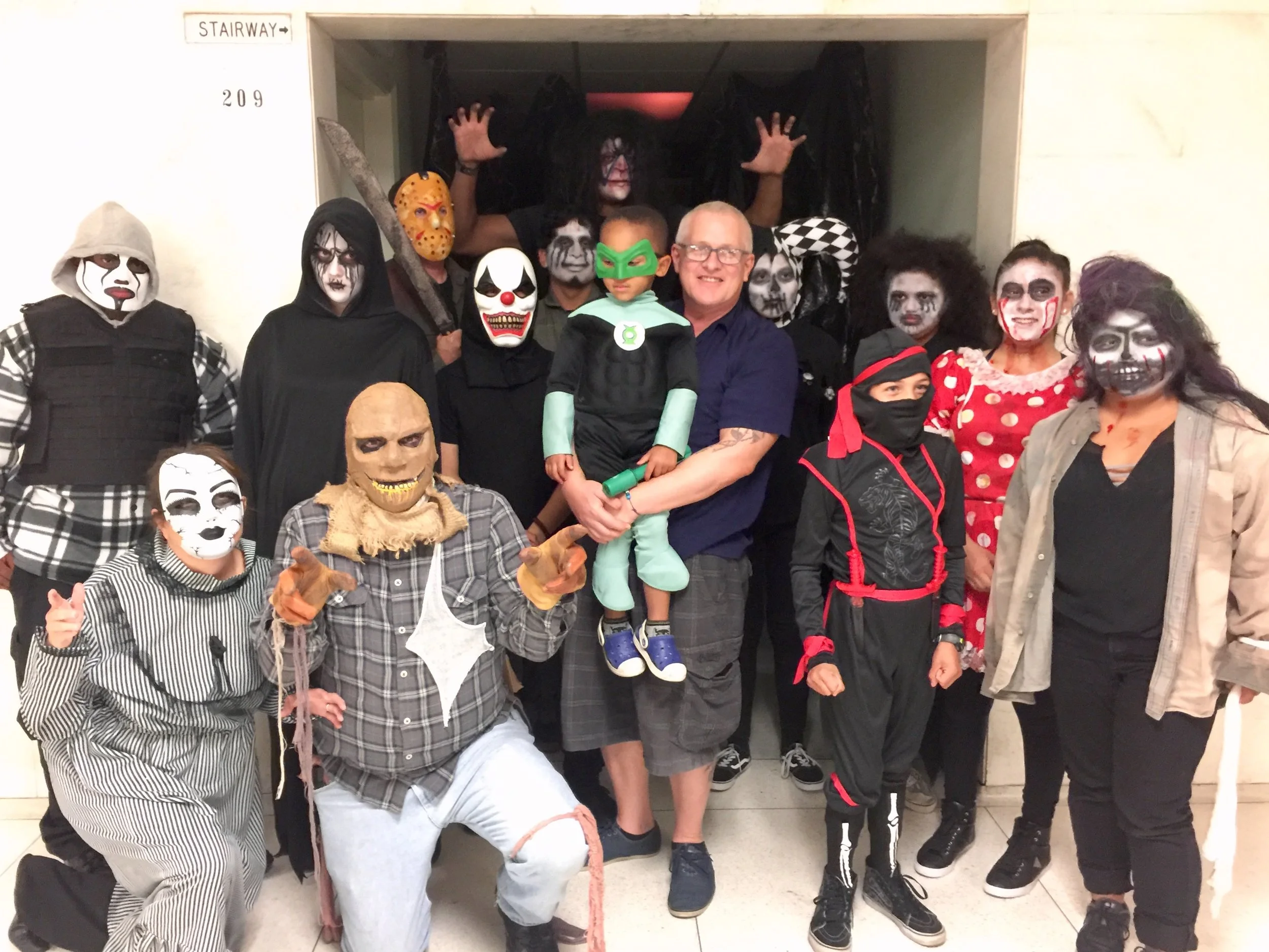 Council member Mike Bonin and son, Jacob surrounded by every type of villain possible at the West LA Police haunted house! 