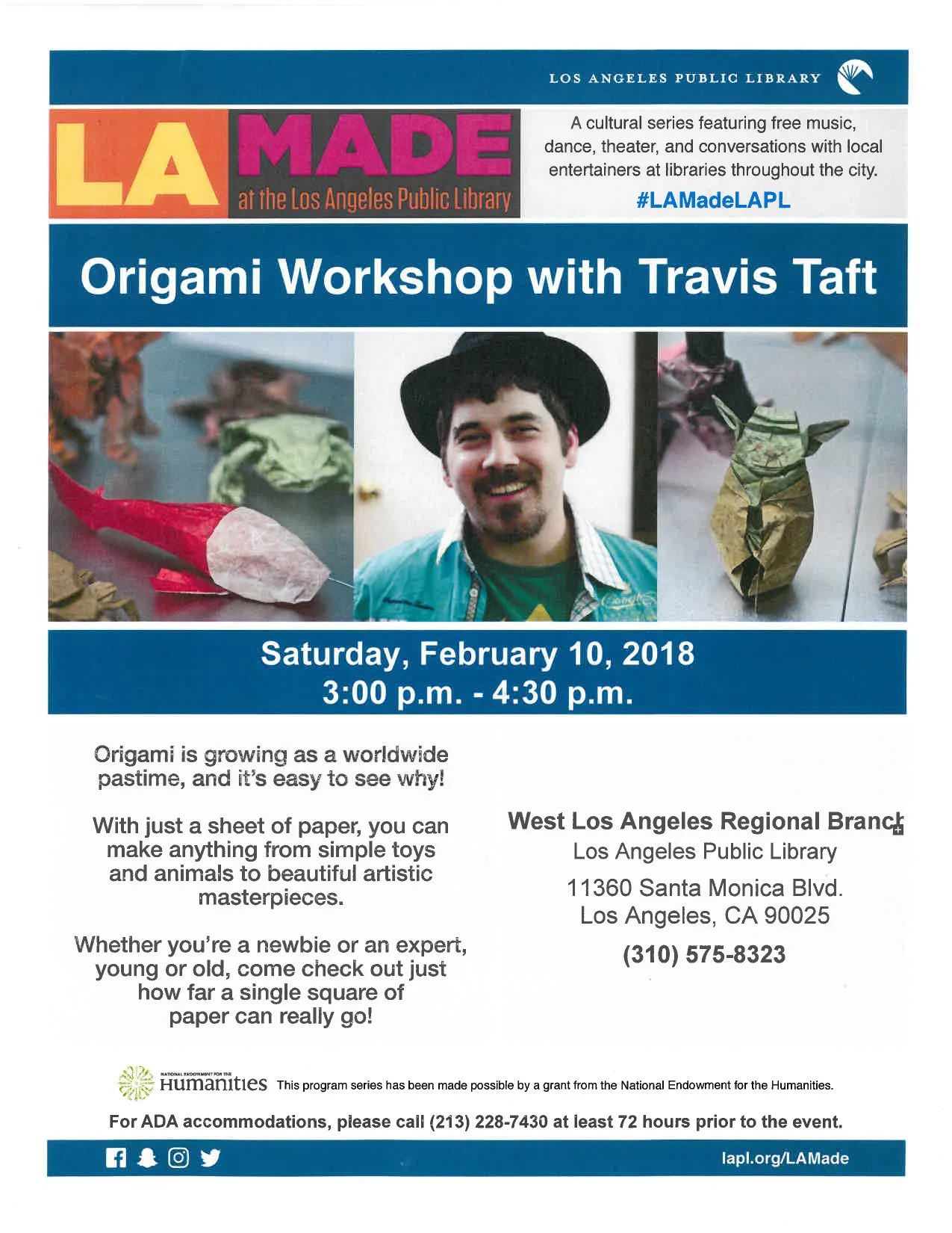 On Saturday, Feb. 10 from 3-4:30, Travis Taft will facilitate a FREE Origami Workshop at WLA Branch for an all-ages audience.
