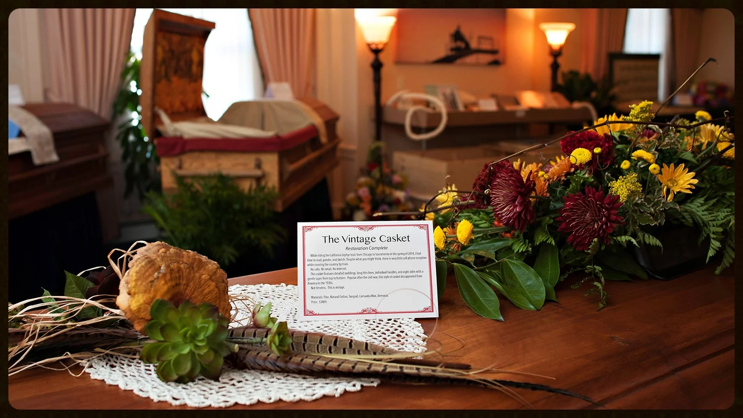 The gallery displays more than 30 different styles of caskets in styles both vintage and contemporary in a variety of colors and finishes. 