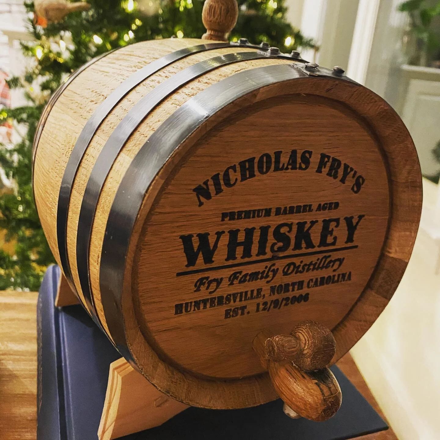 What a cool gift from the in-laws! Fry family distillery barrel.