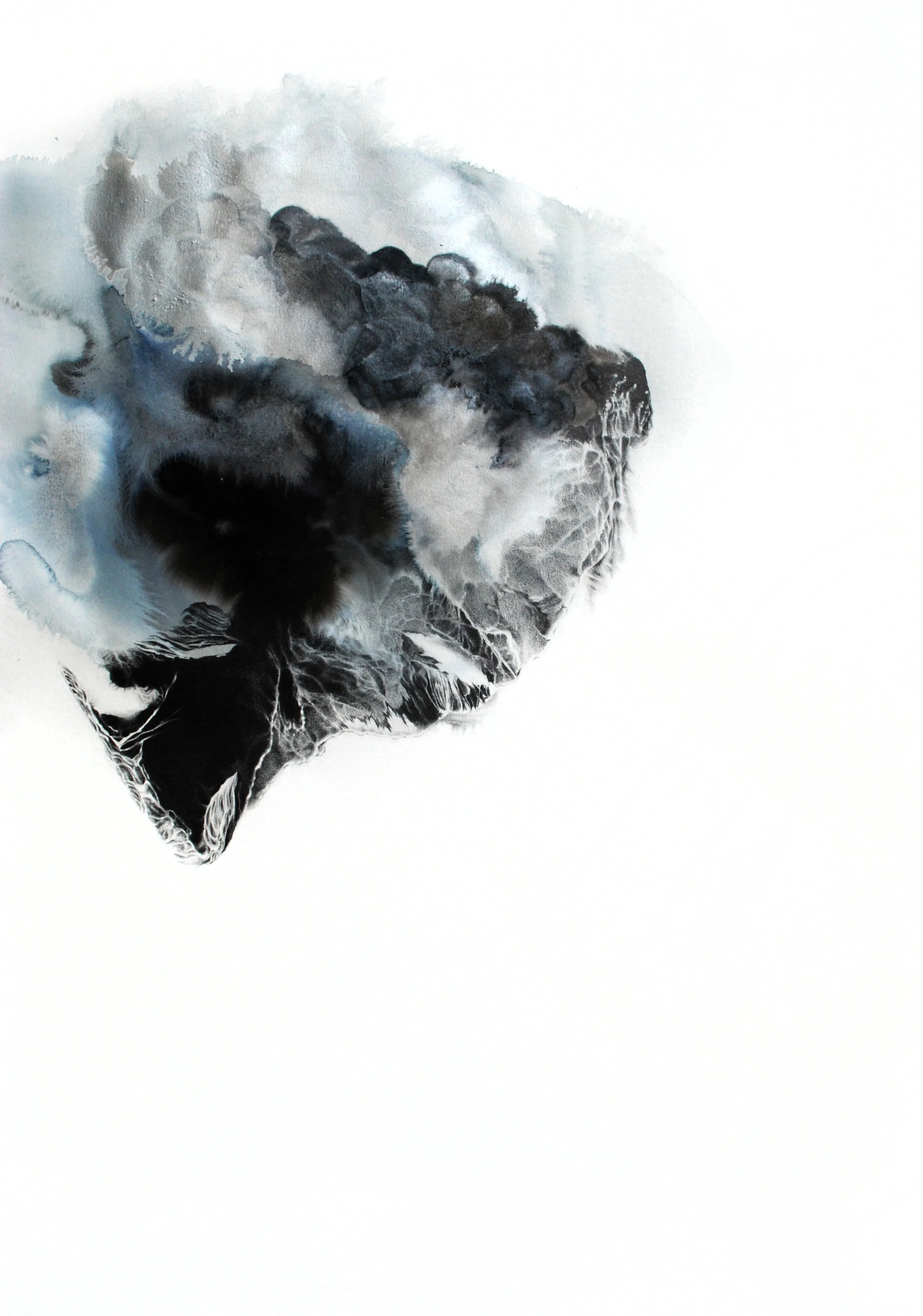 “37.7166° N, 118.8843° W (Long Valley Caldera),“ Graphite, Watercolor, Sumi and Acrylic on Paper, 44" x 30" 2016
