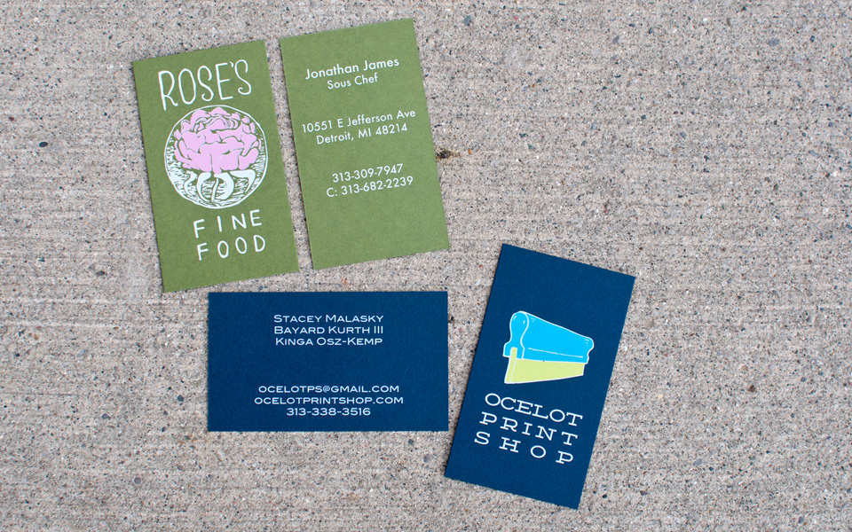 Business cards for Rose's Fine Food & Ocelot Print Shop