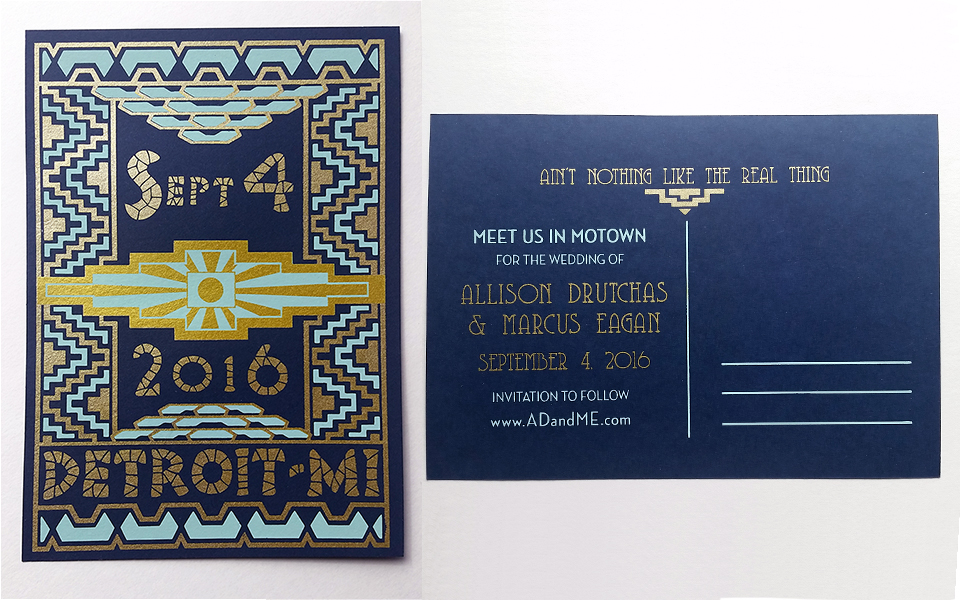 Two color Save the Date postcard inspired by the Guardian Building, front and back