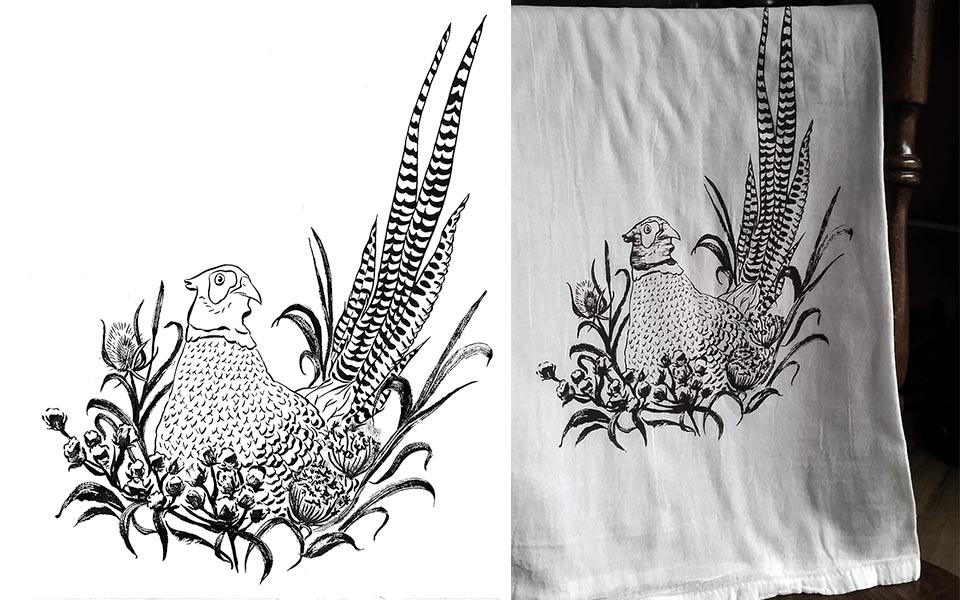 Pheasant ink drawing and screen printed tea towel