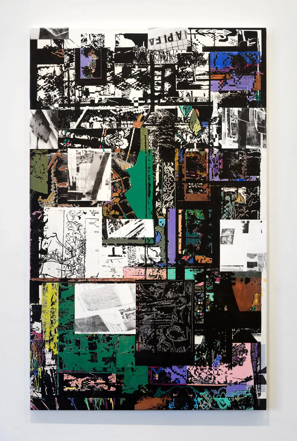 Prayer Rug, U.S. Marines Field Manual, New York Times Clippings from 2017, Grandmothers Life Magazines, Unknown Family Photos, Complimentary Auto Body Shop Floor Mat, Downloaded Perspective Grid Printed on Acetate (A Still Life), 2017, Flashe, acrylic and water-soluble pastel on canvas, 48 x 77.5 inches