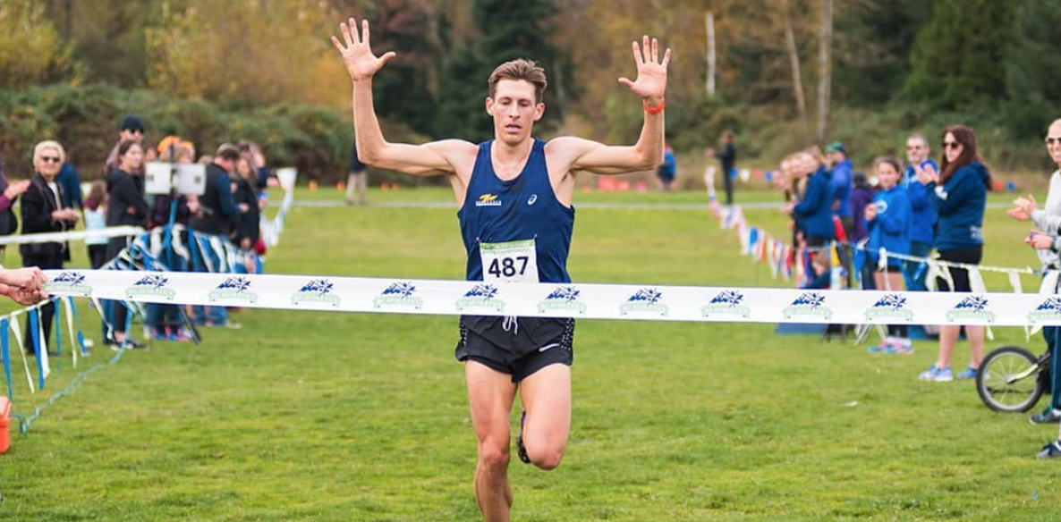 Luc Bruchet wins the Senior Men’s 8km race at the 2018 Provincial Cross Country Championships in Clearbrook Park, Abotsford.