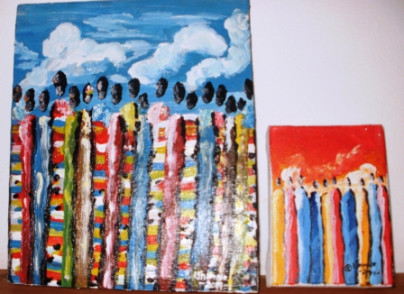 These are a style of painting that represents 4 seasons of Rwandan refugees returning home after the genocide. This is season 4, the preceding seasons have more smaller figures of people.