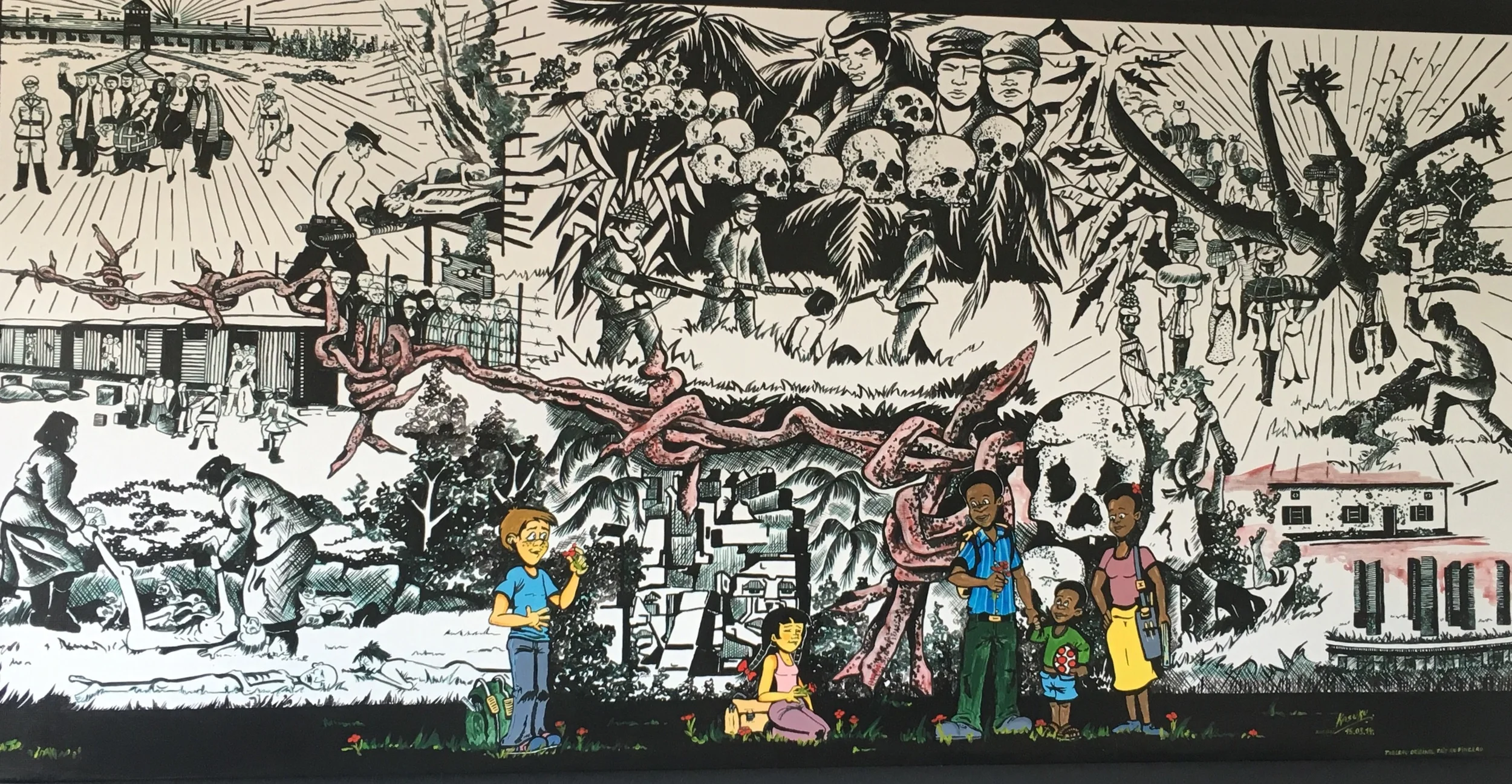 This piece of art is showing the multiple genocides that have in the recent past. It is a beautiful reputation of how these horrific events affect us all. But also how when people come together these acts can be stopped.