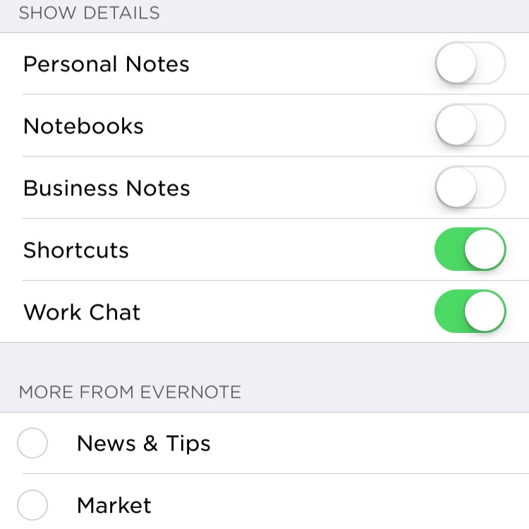 Ligue a chave para ver conteúdo adicional da tela principal do Evernote no iOS.