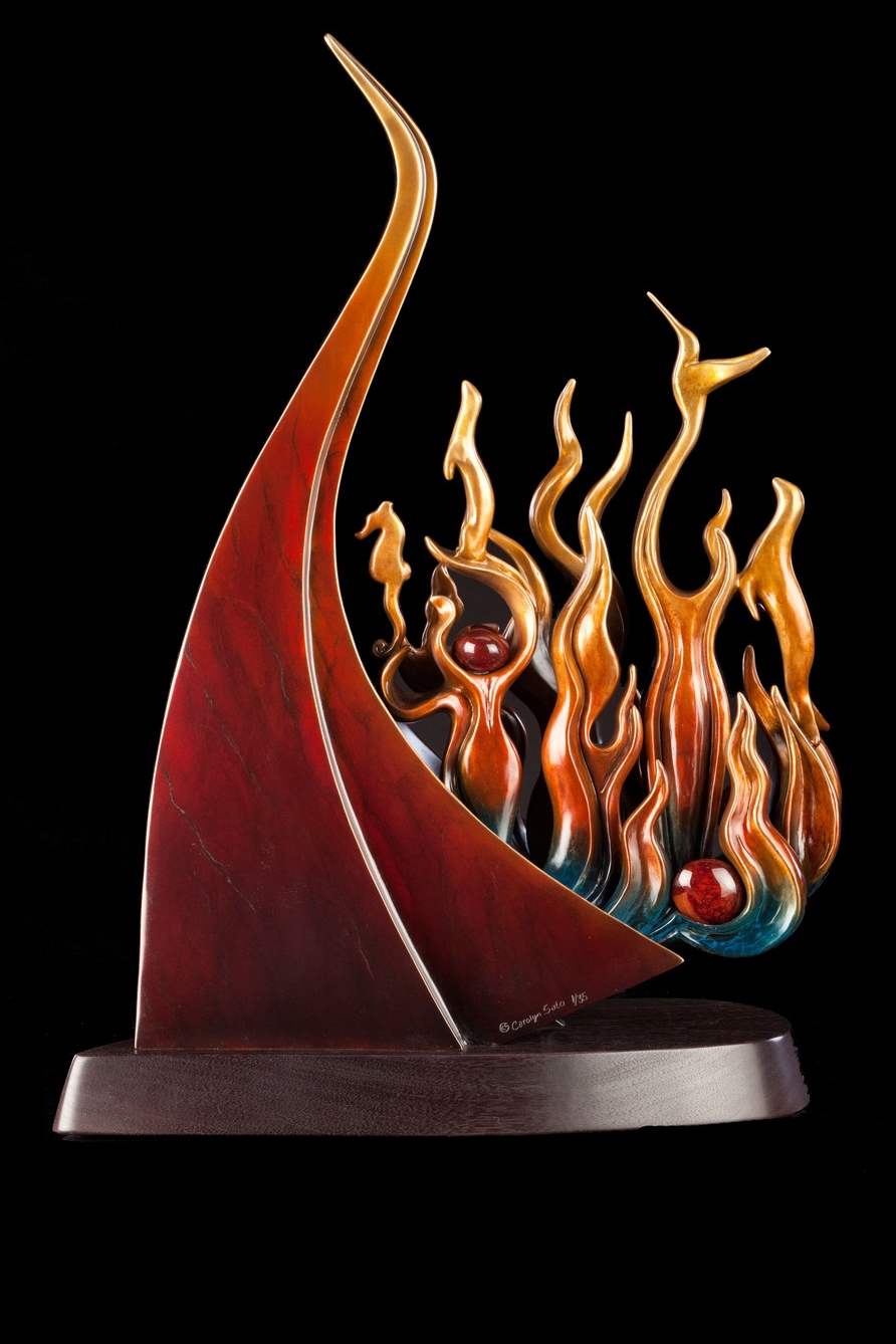 Firebird Rising , Bronze and Carnelian, 27” H x 18” W x 8” D, Edition of 35: A gentle, graceful, elegant, peace-loving firebird rises out of the ashes of a past Phoenix to honor the importance and value of earth, air, water, and fire in our Universe. 