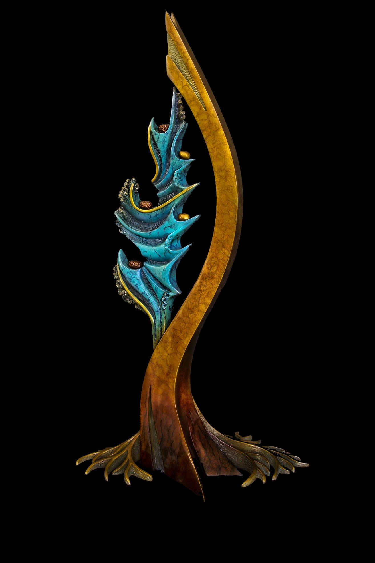 Roots of Inspiration , Bronze, 37” H x 19” W x 15.25" D, Edition of 35: In order to thrive in this world and/or allow the creative process to blossom forth in all its glory, a stable, grounded, yet flexible element in our lives needs to take root. From these grounded roots, newness, joy, creativity, daring, and eventually the seeds of further growth and exploration spring forth like an arrow from a bow. The Tree of Life here also serves as a symbol for the earth with the ever-changing, ever-creating ocean feeding off of it.