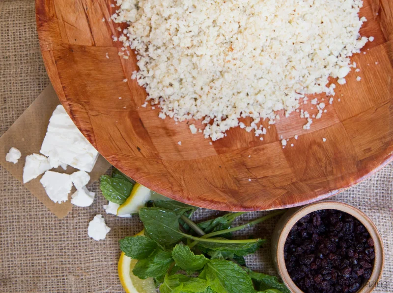 cauliflower couscous with mint, feta and currants 