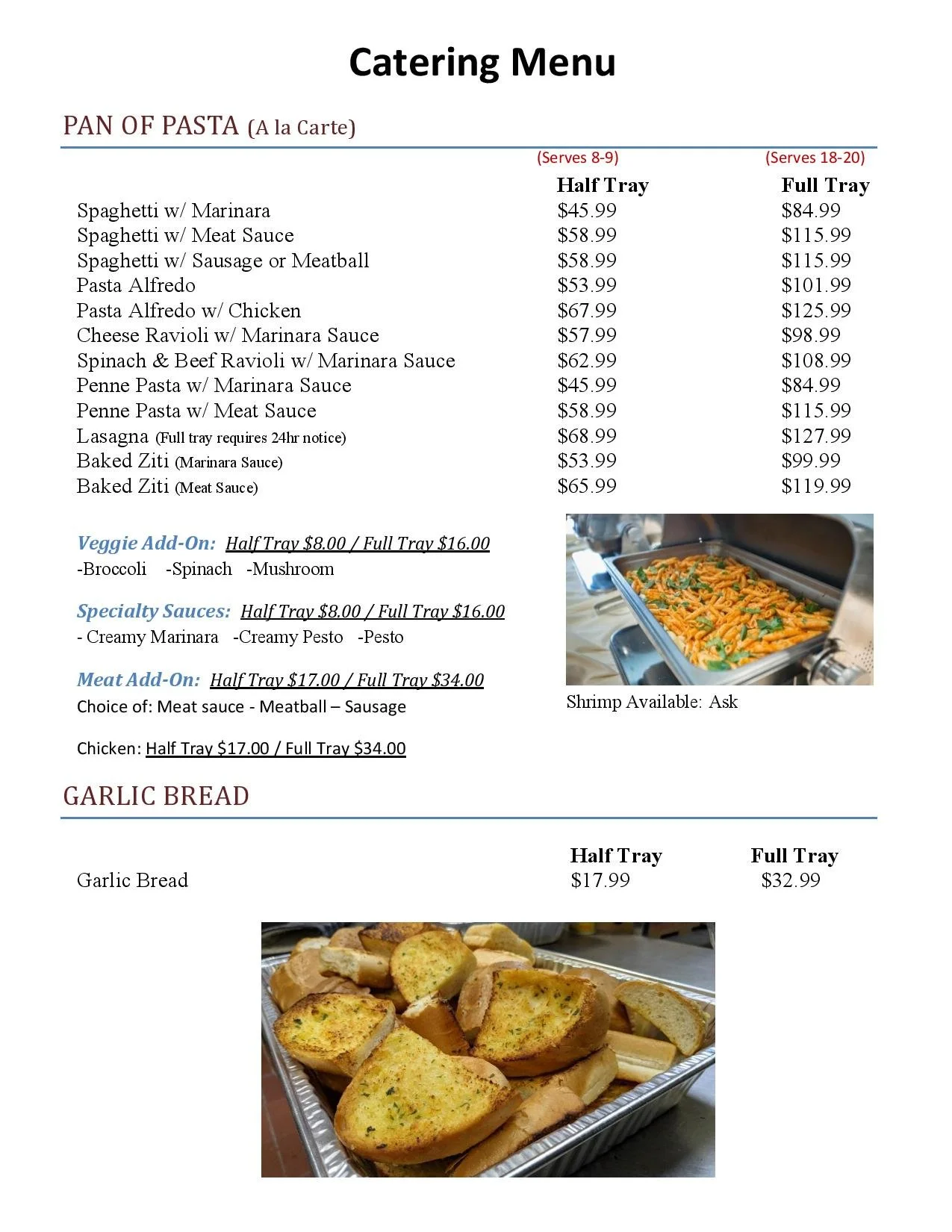 Whittier Brickhouse Pizza Catering Menu Page 1