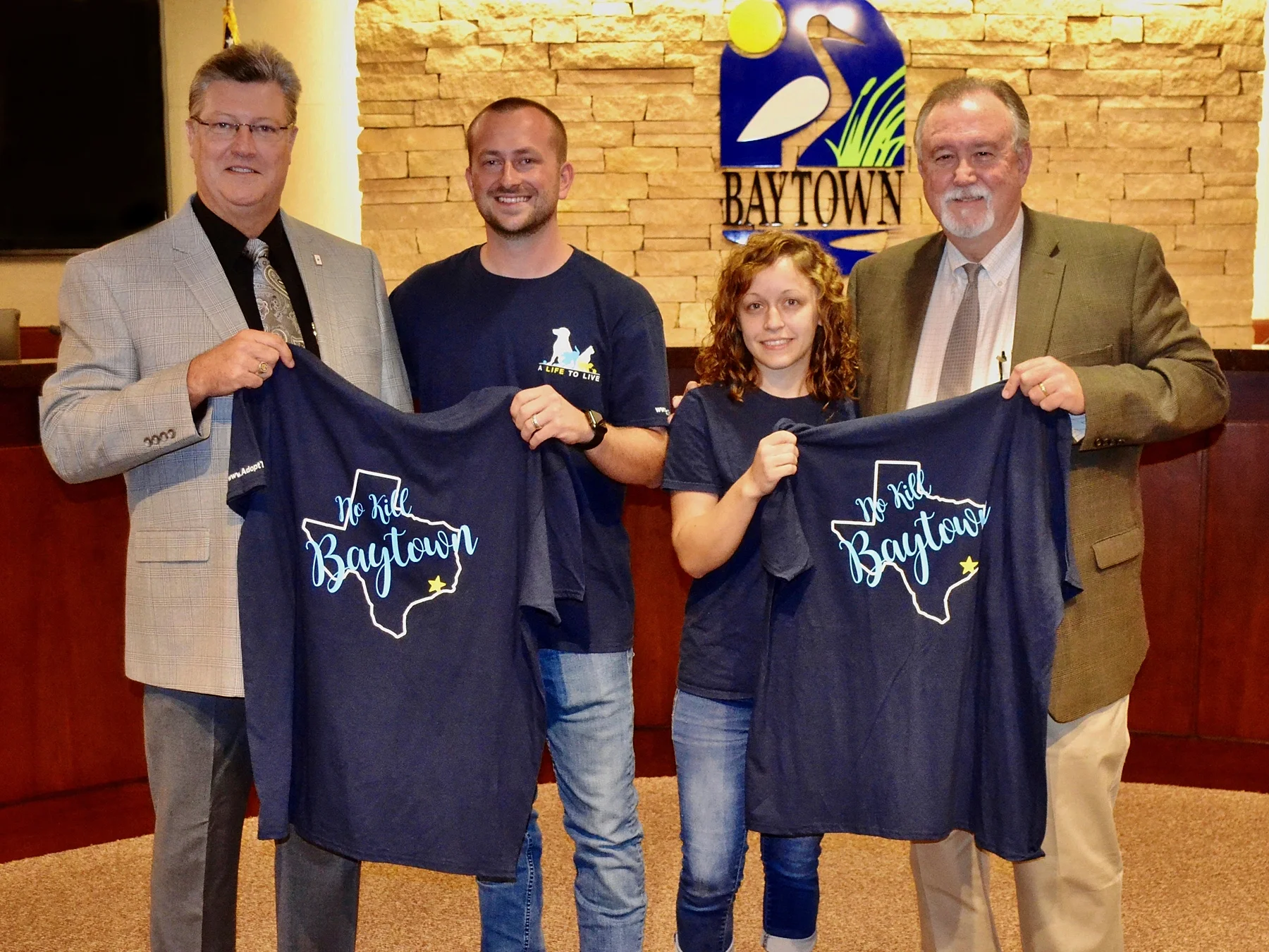 We recently presented No-Kill Baytown T-shirts to Baytown Mayor Stephen DonCarlos and City Council member Robert Hoskins. It recognizes their support for the council’s passage of a resolution that commits the city to becoming no-kill by 2025. Since that occurred, A Life to Live has been hard at work on next steps to achieve no-kill status.