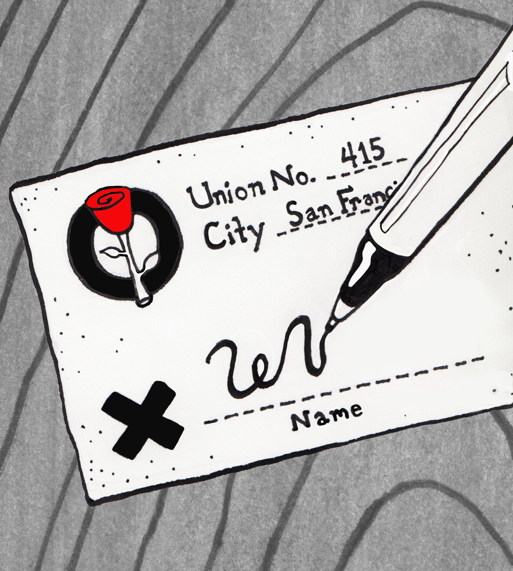 DSA "5 Steps to Underground Organizing" zine illustration: "Sign union cards and march on your boss," 2020