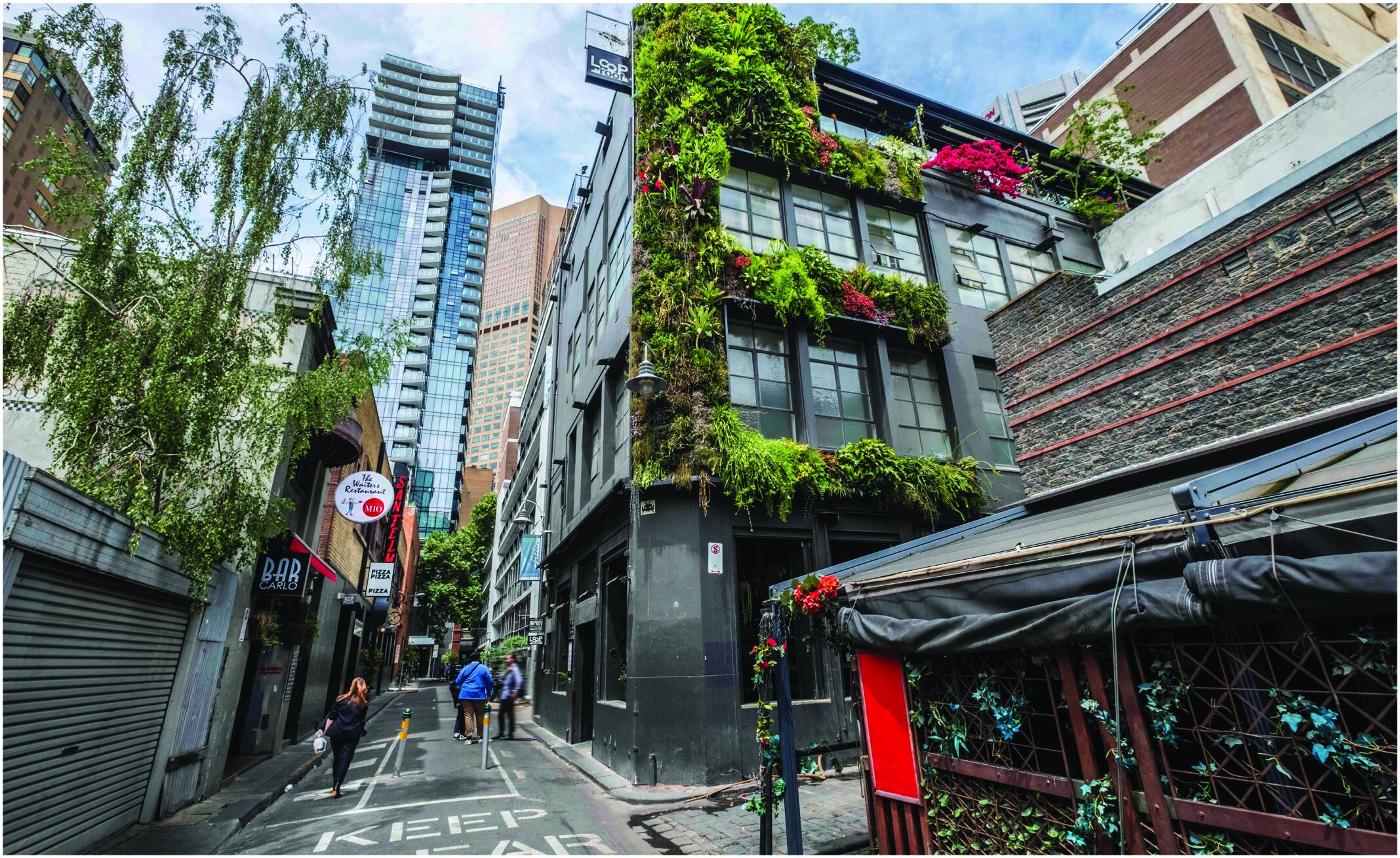  Modular living wall gardens can be mounted directly on building walls or on a separate grid structure, and include soil and an irrigation system.  &nbsp;Location: Meyers Place, Melbourne, Australia  Image credit: City of Melbourne 